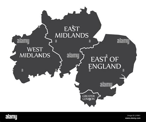 West Midlands - East Midlands - East of England - Greater London Map UK ...