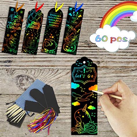 KOMIWOO Scratch Rainbow-Bookmarks 60 Pcs, Magic Scratch Paper Art Bookmarks DIY Gift Tags with ...