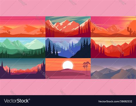 Set cartoon mountain landscape in flat style Vector Image