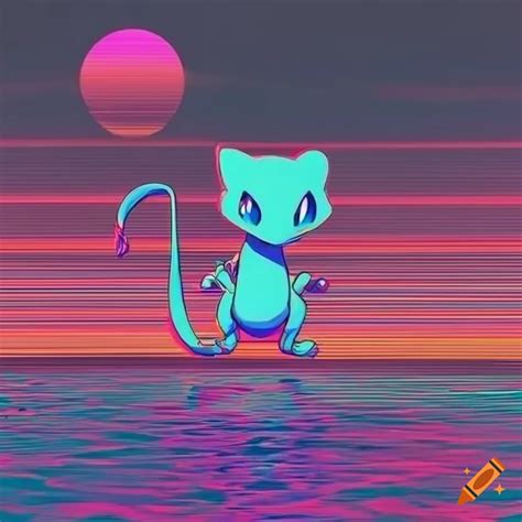 Retro anime style with pokémon mew flying in vibrant sunset silhouette ...