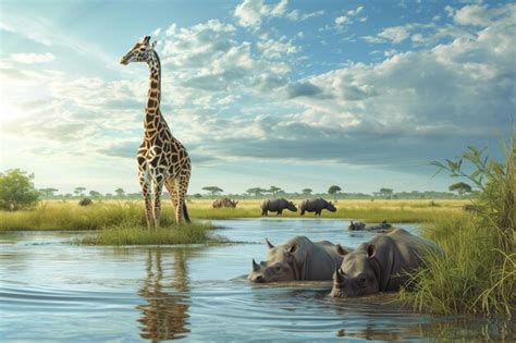 Premium Photo | Giraffe and other animals near the river