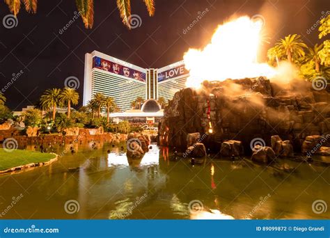 Mirage Hotel Casino and Volcano Eruption Show at Night - Las Vegas ...