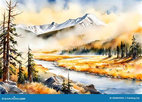 Watercolor Landscape with River and Mountains, Digital Painting on Canvas Stock Illustration ...