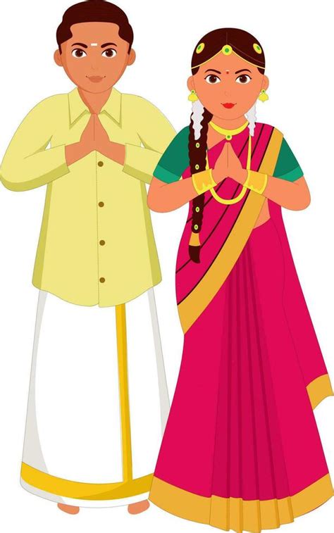 South Indian Wedding Couple Greeting Namaste In Traditional Dress Of Tamil Nadu. 24144085 Vector ...