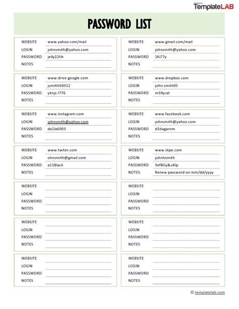 20 Best Password List Templates (Word, Excel & PDF) ᐅ TemplateLab