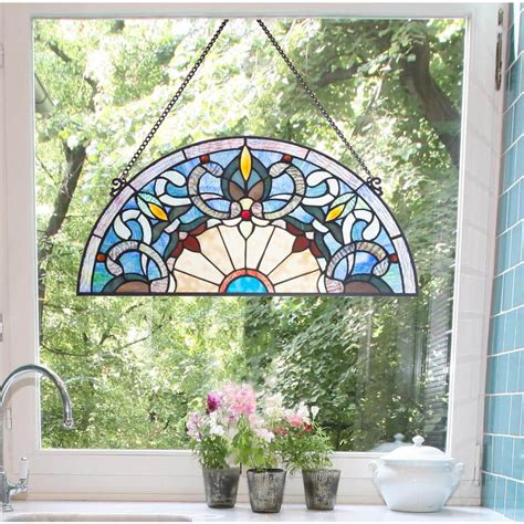 River of Goods Blue Victorian Corista Half-Moon Stained Glass Window ...