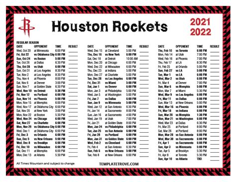 Printable 2021-2022 Houston Rockets Schedule