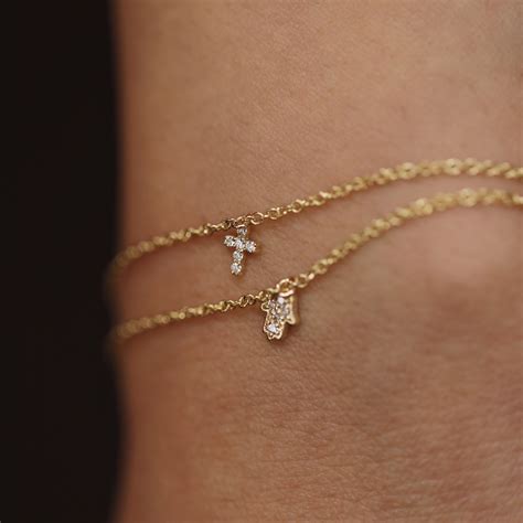 Diamond Bracelet, Diamond Cross Charm Bracelet, Cross Pendant Bracelet, 14K Gold Bracelet ...