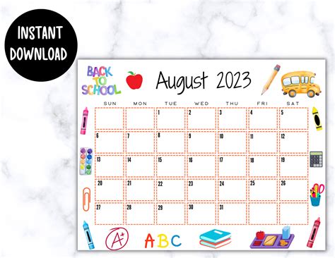 EDITABLE Printable August Calendar 2023 Back to School - Etsy