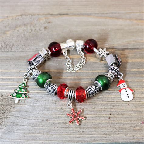 Christmas Charm Bracelet with Large Red and Green Pandora Style Euro Beads, Snowflake Beads ...