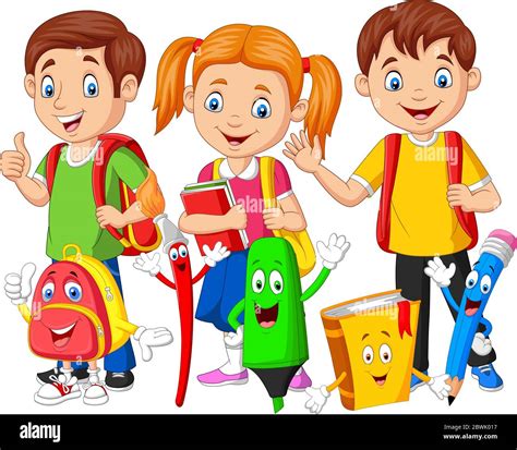 Cartoon happy school children with school supplies Stock Vector Image ...