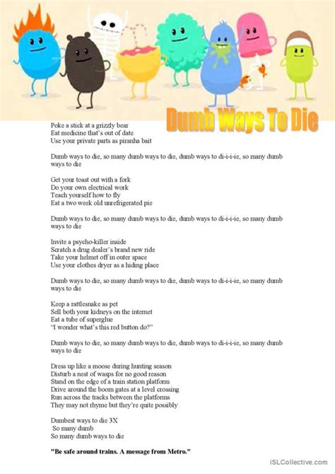 Dumb ways to die (song) nursery rhym…: English ESL worksheets pdf & doc