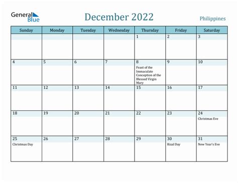 Philippines Holiday Calendar for December 2022