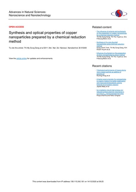 (PDF) Synthesis and optical properties of copper nanoparticles prepared by a chemical reduction ...