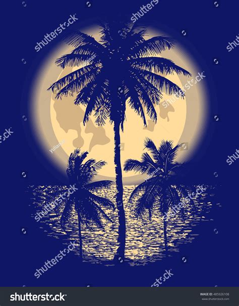 Tropical Full Moon Over Ocean Reflection Stock Vector (Royalty Free ...