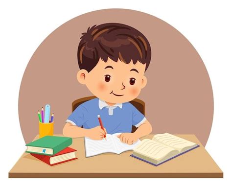 Premium Vector | Little boy doing homework by read and writing on his ...