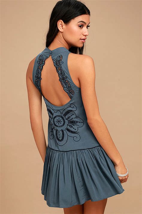 Lovely Teal Blue Dress - Embroidered Dress - Backless Dress - Drop-Waist Dress - $62.00 - Lulus