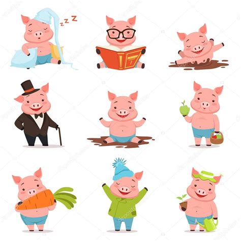 Funny little pigs in different situations set. Colorful cartoon ...