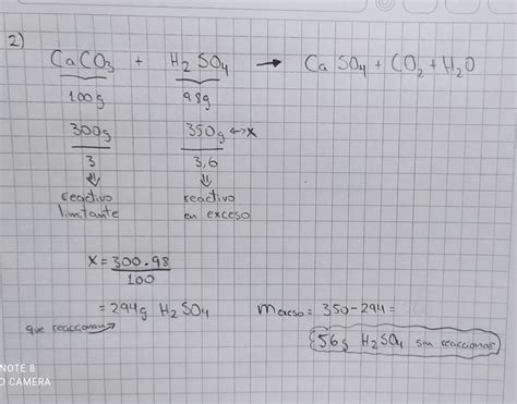 Para la siguiente reacción química balanceada: CaCO3 + H2SO4 -----> CaSO4 + CO2 + H2O se ...