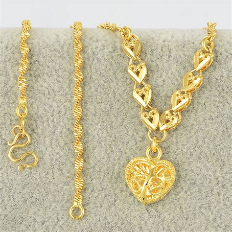 24K Yellow Gold Filled Womens Charms Heart Pendants Water Wave Chain ...