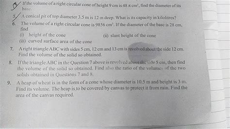 If the volume of a right circular cone of height 9 cm is 48πcm3, find the..