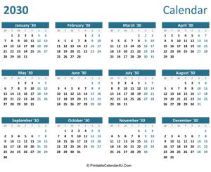 Printable Yearly Calendar 2030