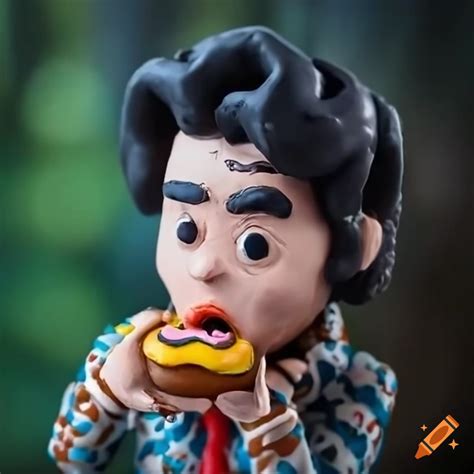 Claymation elvis in a forest eating donuts