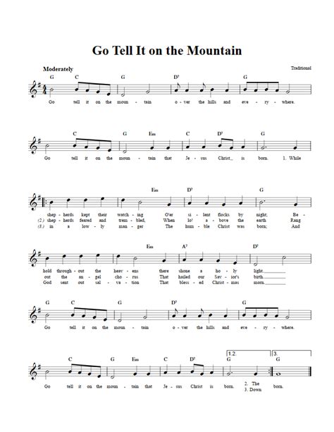 Go Tell It on the Mountain C Instrument Sheet Music (Lead Sheet) with Chords and Lyrics