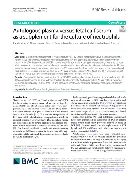 (PDF) Autologous plasma versus fetal calf serum as a supplement for the culture of neutrophils