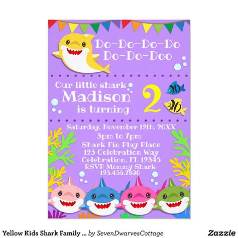 Yellow Kids Shark Family Purple Birthday Invitation | Zazzle.com Shark Party Decorations, Candy ...