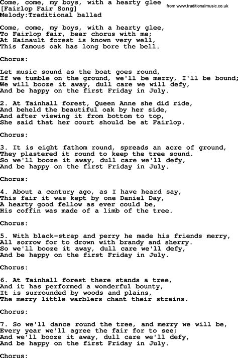 Old English Song Lyrics for Come, Come, My Boys, With A Hearty Glee, with PDF