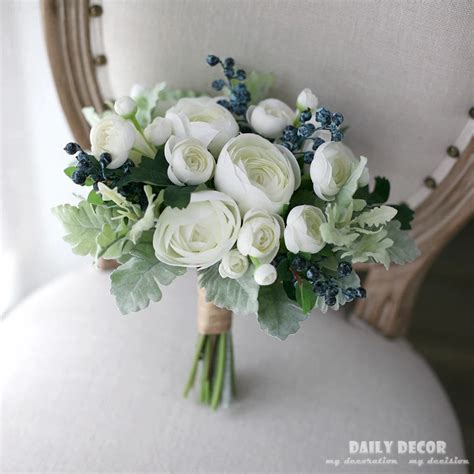 Artificial white tea rose bridal wedding bouquet, fake flowers berry ...