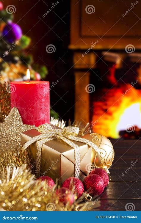 Christmas Scene with Fireplace and Christmas Tree Stock Photo - Image ...