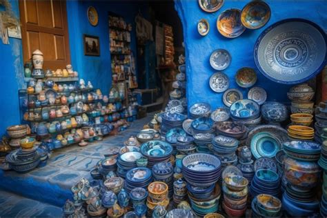 Morocco chefchaouen street souvenirs market. Generate ai