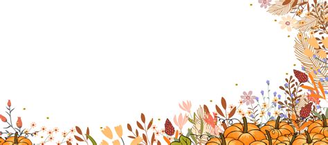 Autumn flowers frame,Fall horizontal banner with cute hand drawn colourful wild pumpkin, flowers ...