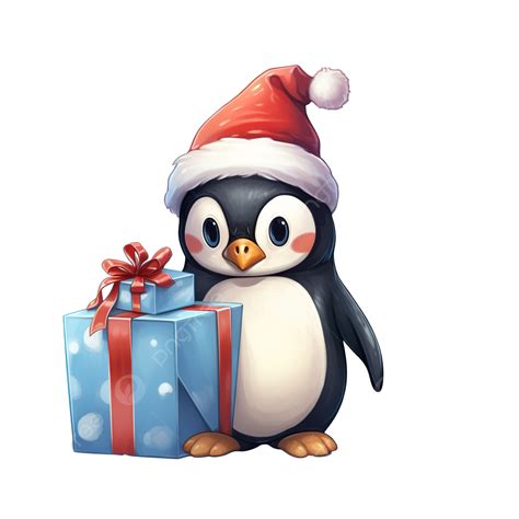 Cute Penguin Character Wearing A Christmas Hat Holding A Gift Illustration, Christmas Animals ...