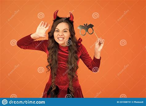 Spooky Teenager Girl with Long Hair Wear Devil Horns Hold Funny Party Glasses for Autumn ...