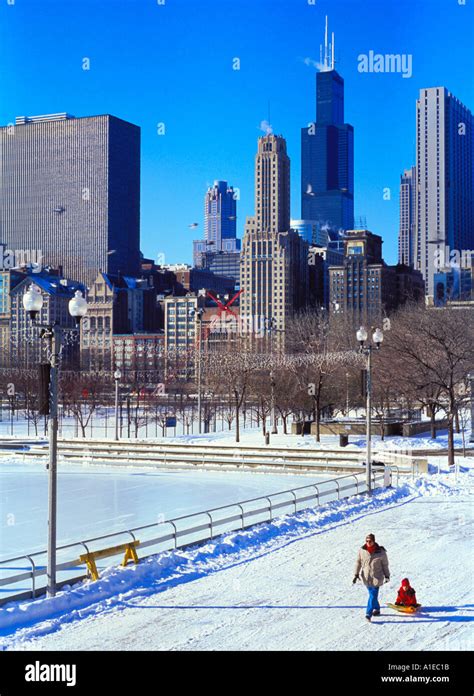 Chicago skyline in winter with Grant Park ice rink in foreground and ...