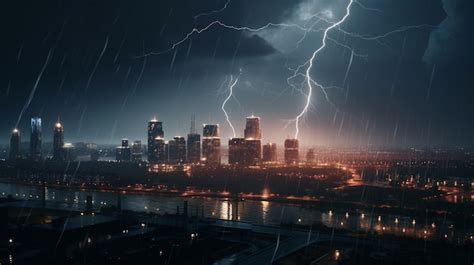 Premium AI Image | A city with a thunderstorm and lightning