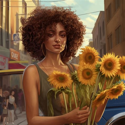 6 of wands tarot card, woman giving 6 sunflowers to unfortunate people, year 2035, beautiful ...