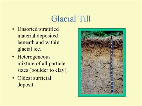 glacial till: a component of many soils formed near large mountains that is the result of ice ...