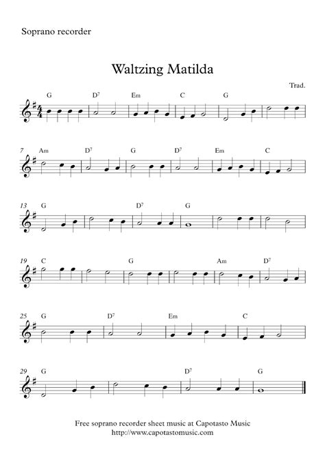 Free easy soprano recorder sheet music, Waltzing Matilda