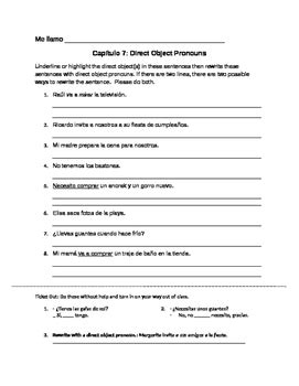 Spanish Direct Object Pronoun Worksheet by Mundo pequeno | TPT