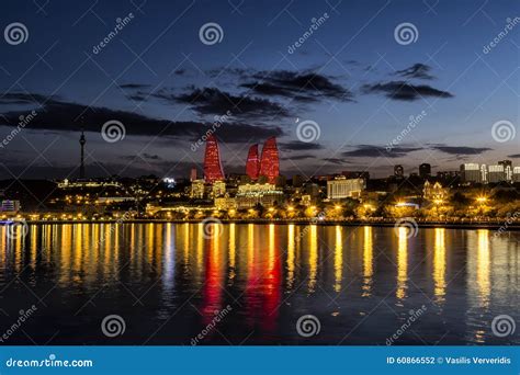 View of the Waterfront and the City at Night, in Baku, Azerbaija Stock ...