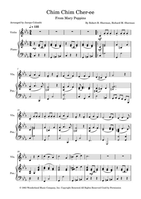 Chim Chim Cher-ee (arr. Jacopo Colombi) Sheet Music | New Christy Minstrels | Instrumental Duet ...