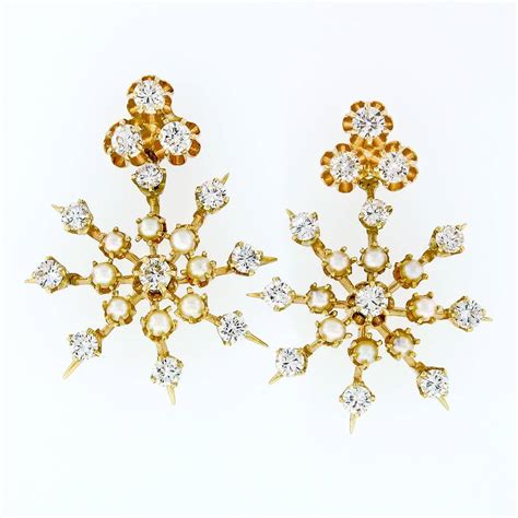 Vintage 14k Gold 2.75 Ctw Diamond & Pearl Earrings W/ Snowflake Dangle Enhancers Auction