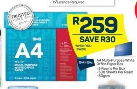 A-4 Multi-Purpose White Office Paper Box offer at Pick n Pay