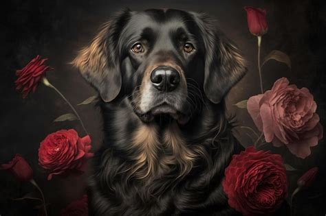 Premium AI Image | A painting of a dog with flowers