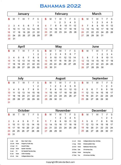 Free Printable Bahamas Calendar 2022 With Holidays