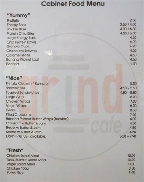 Menu at Grind Cafe, Auckland, 2 Rothwell Ave